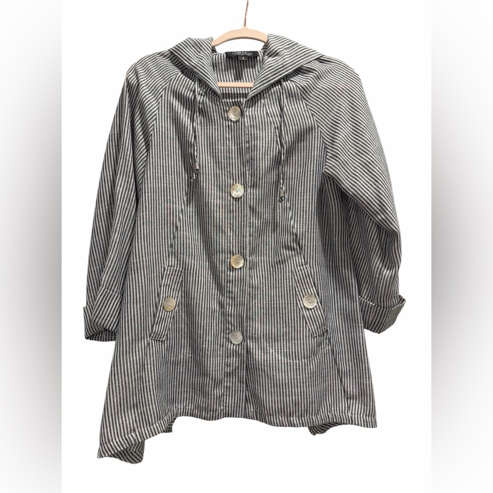 Elegant Blue & White Striped Linen Blend Hooded Jacket